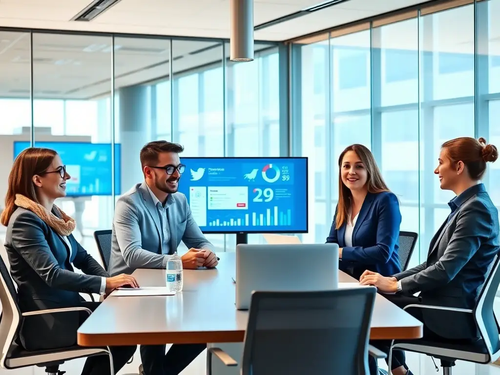 A professional team collaborating in a modern office space, reviewing website analytics and discussing strategies for client success, representing AireTech IT's commitment to dedicated support and transparent reporting.